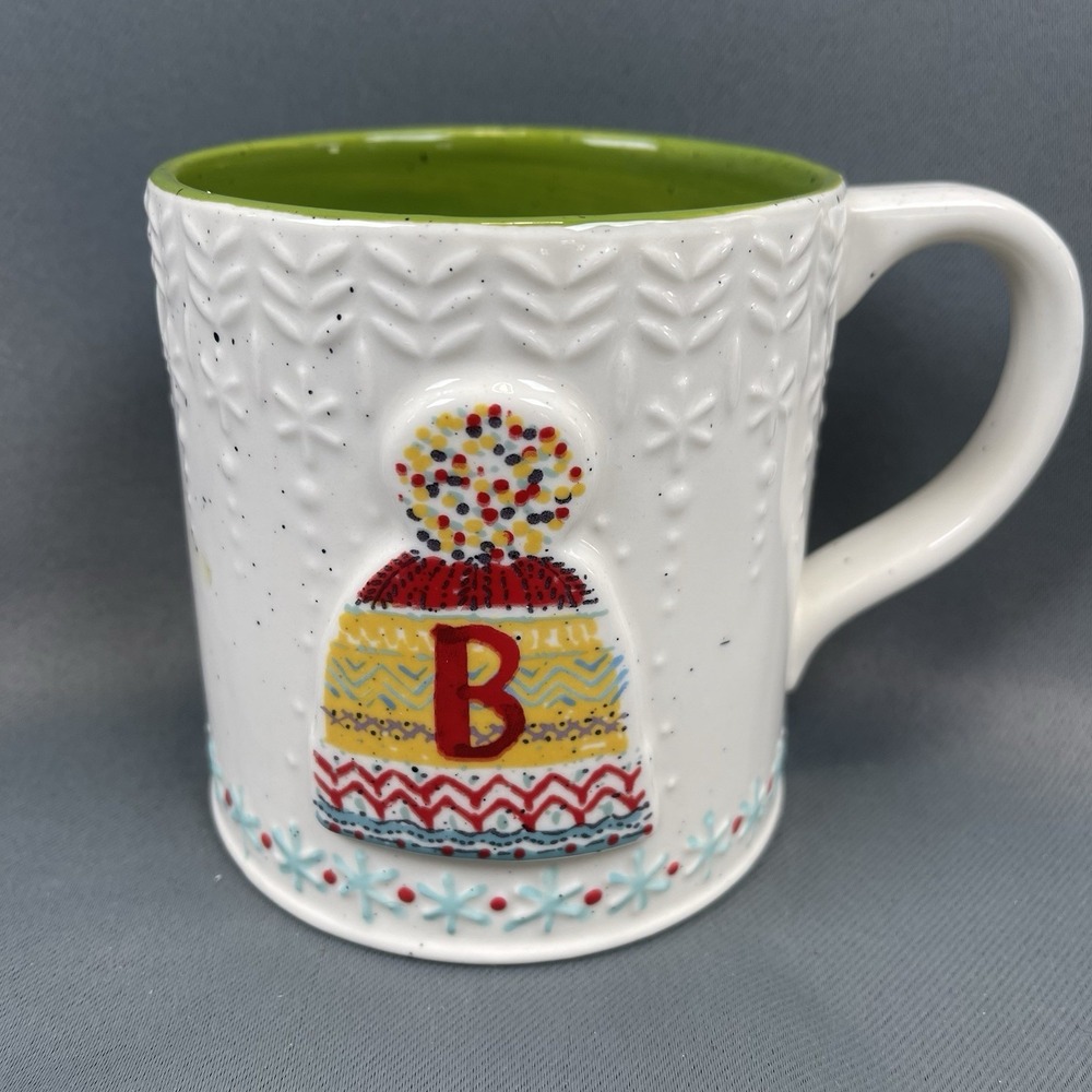 Anthropologie Woolly Hat Festive Winter Christmas Initial B Embossed Mug 20oz‎